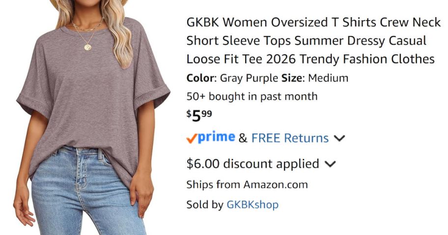 woman wearing oversized gray tee shirt next to Amazon pricing information