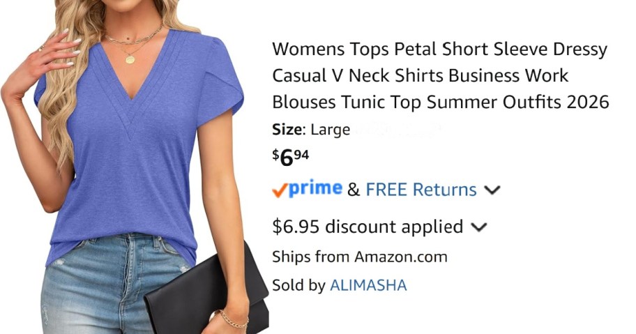 woman wearing blue shirt next to Amazon pricing information