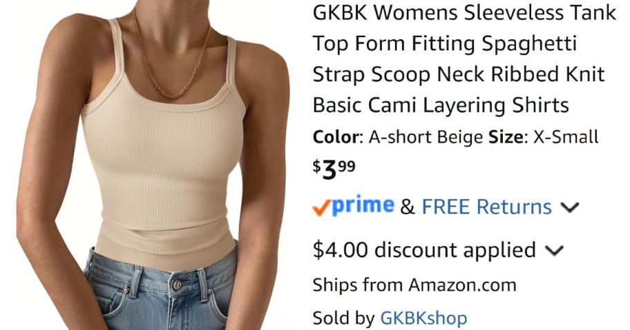 woman wearing beige tank top next to Amazon pricing information