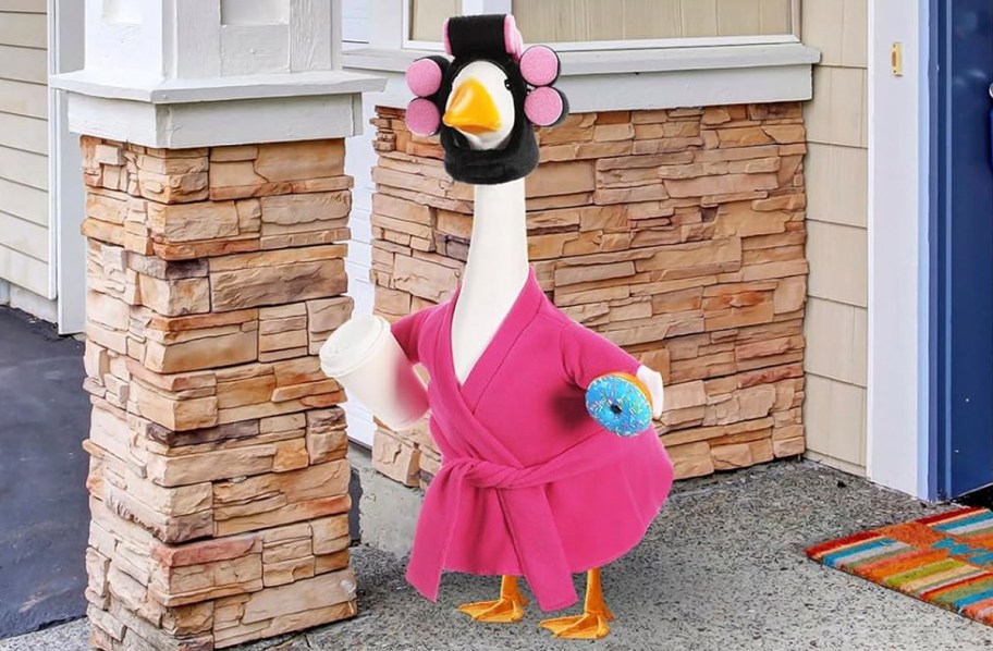 goose wearing pink robe and rollers holding donut and coffee