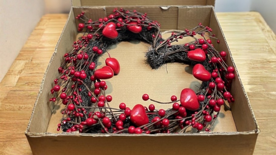 heart wreath in a cardboard box