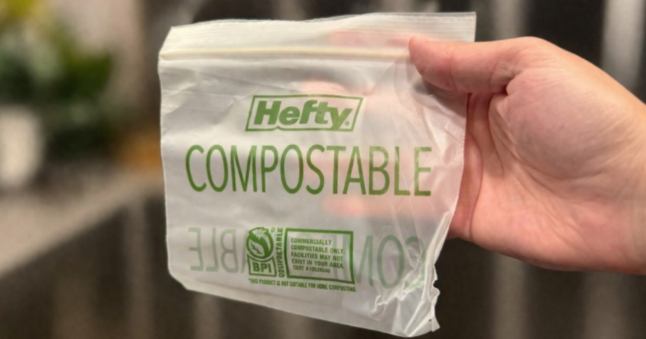 hand holding a Hefty compostable sandwich bag