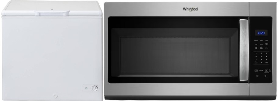 white chest freezer and over the range microwave