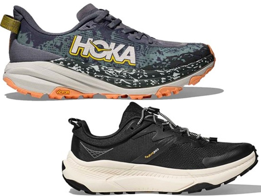 two pairs of black hoka shoes 