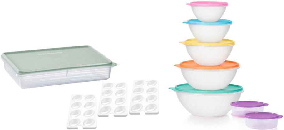 A rectangular transparent container with a green lid is on the left. On the right, a stack of round bowls in various sizes with colorful lids, alongside small purple containers.