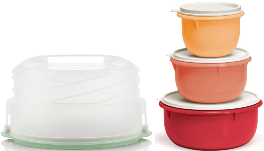 Stacked plastic food containers in orange, red, and maroon with white lids are on the right. A translucent collapsible cake container with a green base is on the left.