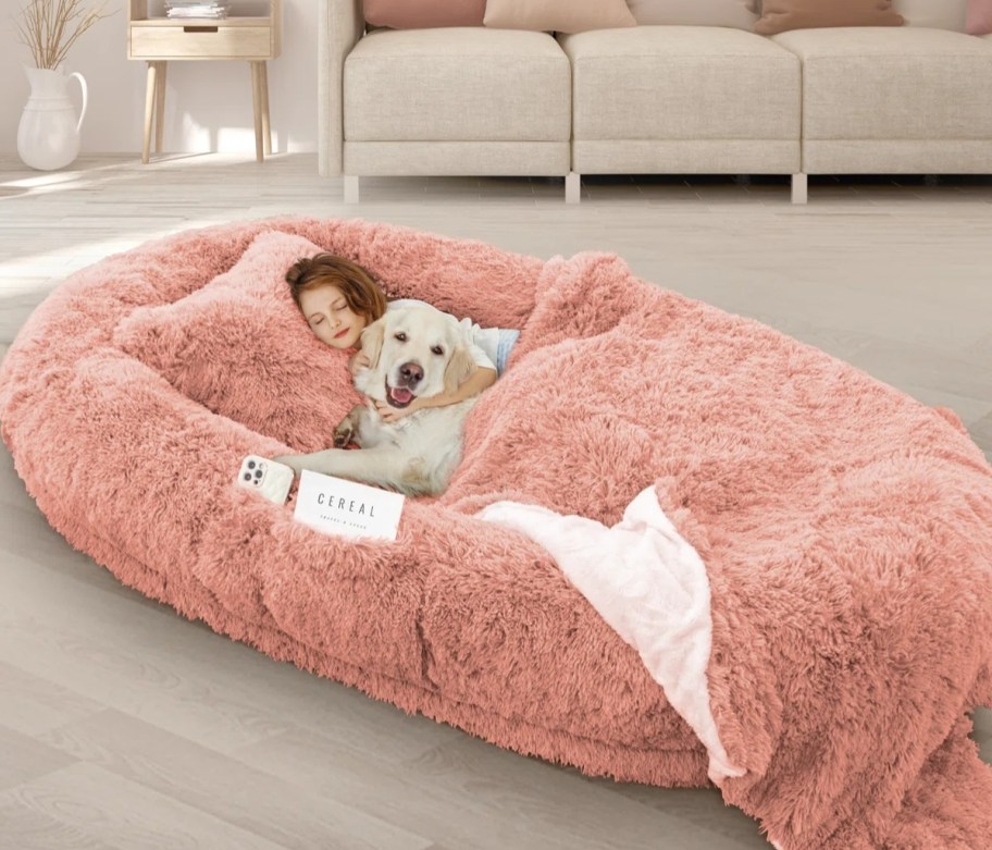 coral colored human dog bed