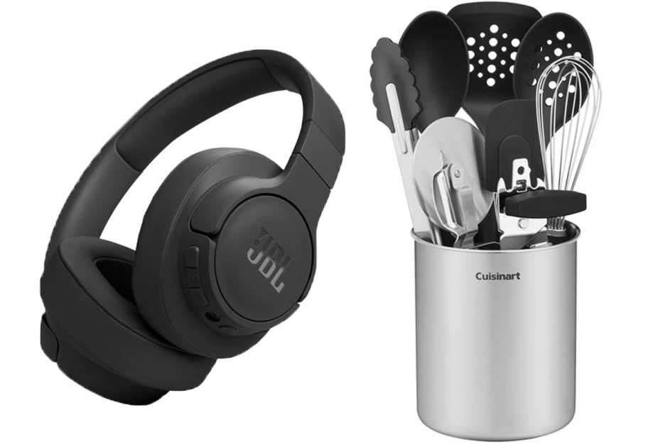 black jbl headphones and stainless steel kitchen tools 