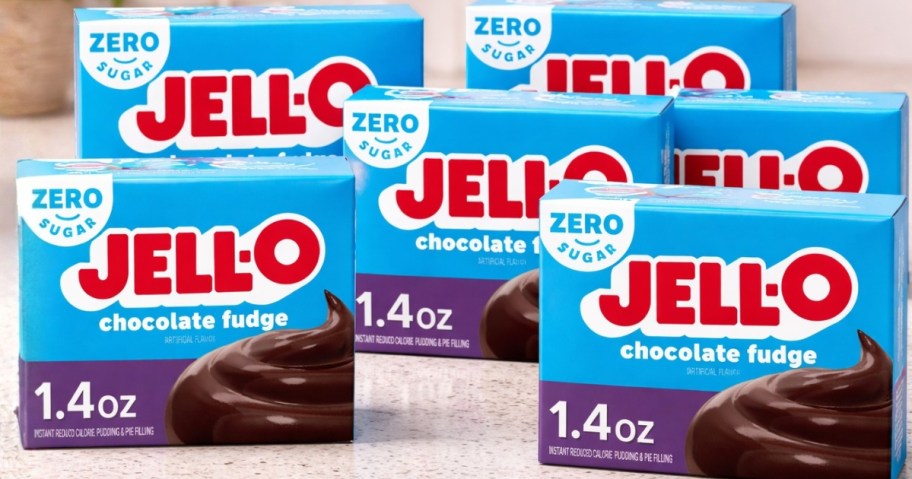six boxes of Jell-O sugar free chocolate pudding on a counter