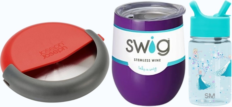pizza cutter, wine tumbler and kids water bottle