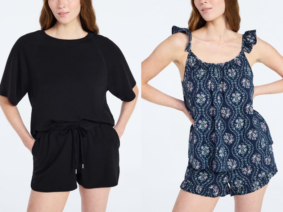 women wearing black and blue pajama sets 