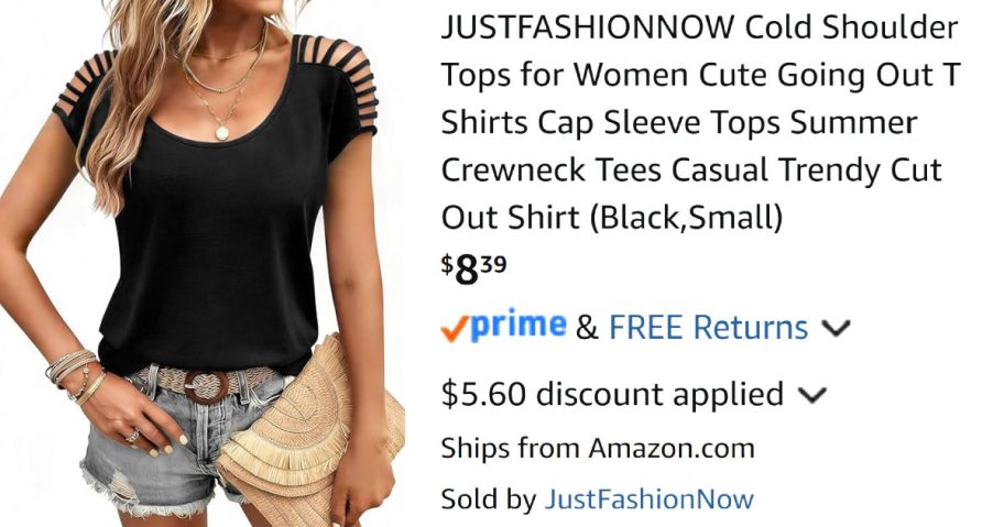 woman wearing black shirt next to Amazon pricing information