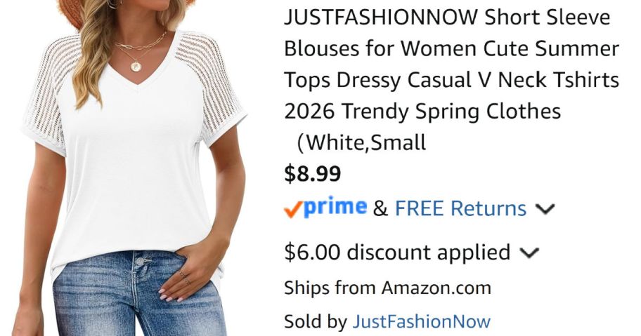 woman wearing white shirt next to Amazon pricing information