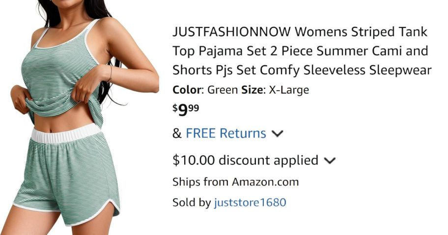 woman wearing green pajama set next to Amazon pricing information