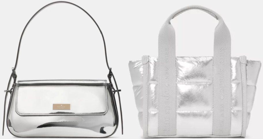 Two shiny silver handbags are displayed on a white background. The left bag is sleek with a short strap, while the right bag is puffy with two handles.