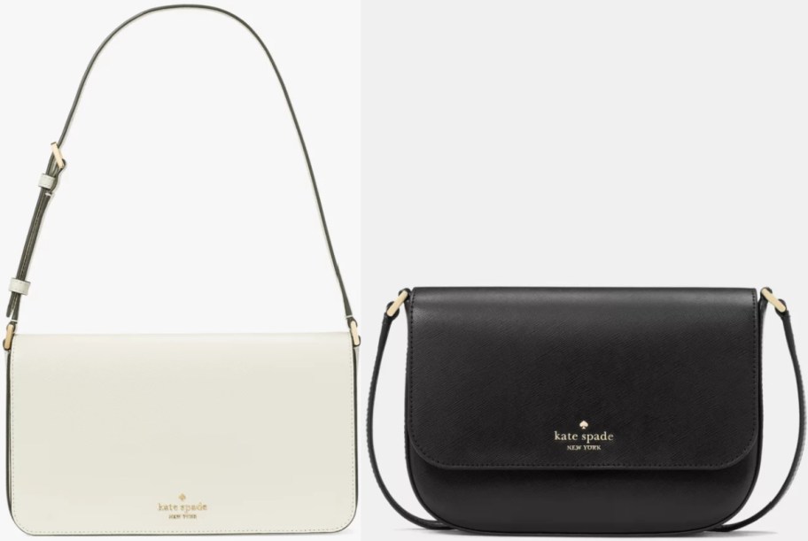 Two handbags showcased on a plain background. The left bag is off-white with a dark strap, while the right bag is black with a matching strap. Both feature gold branding.