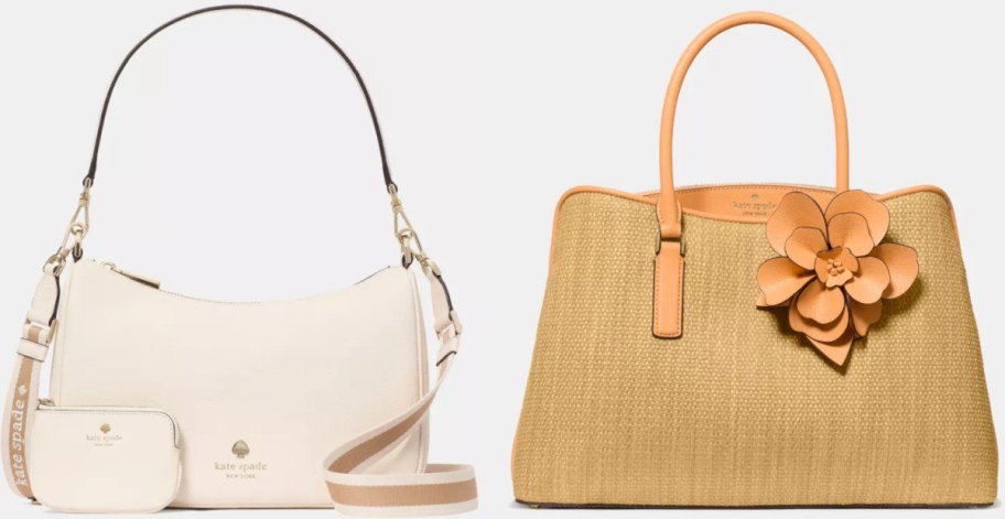 Two stylish handbags are displayed: a white shoulder bag with a matching pouch and a woven tan tote adorned with a large decorative flower.