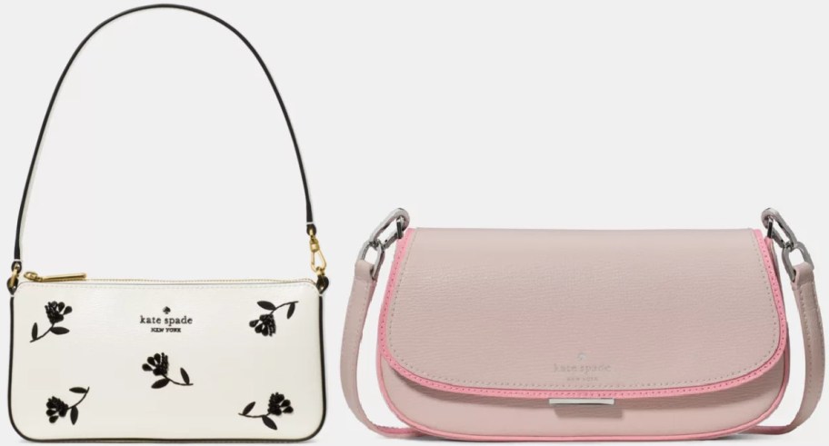 Two handbags side by side: a white bag with black floral patterns and a thin black strap, and a blush pink bag with a pink border and a silver clasp.