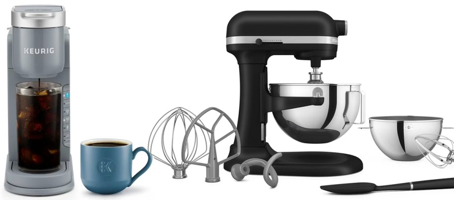 blue keurig coffee maker and black kitchenaid mixer with attachments 