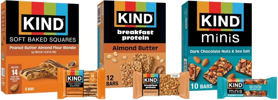 three boxes of kind bars in 3 different flavors