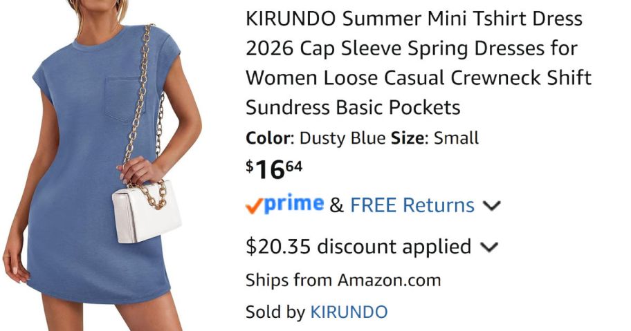 woman wearing blue dress next to Amazon pricing information