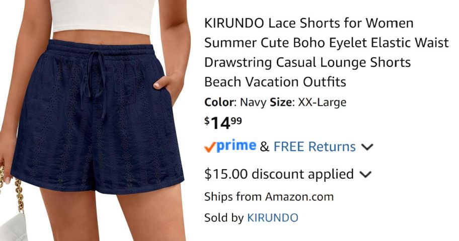 woman wearing blue shorts next to Amazon pricing information