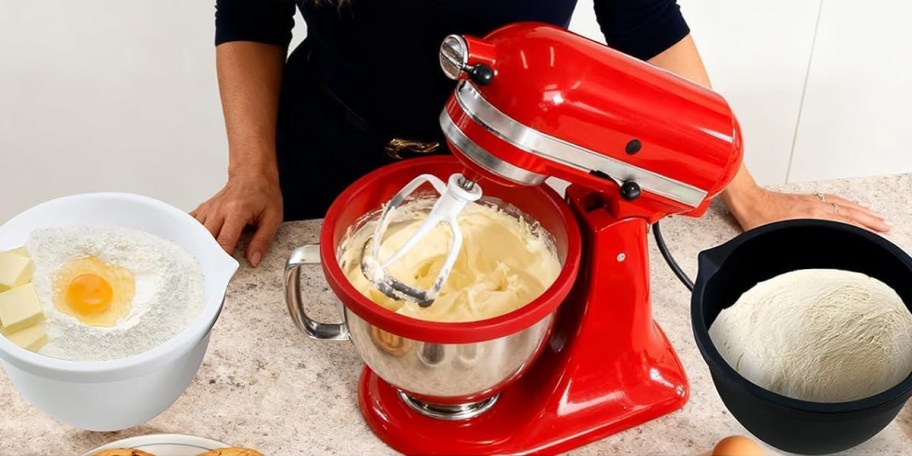 red, white and black kitchenaid liners full of ingredients 