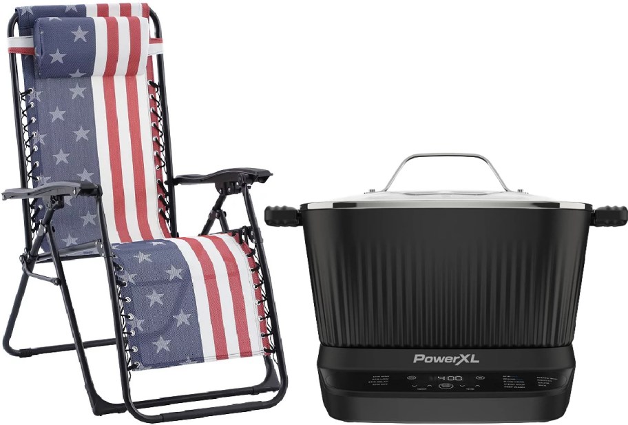 A folding lounge chair with an American flag design next to a black PowerXL grill.