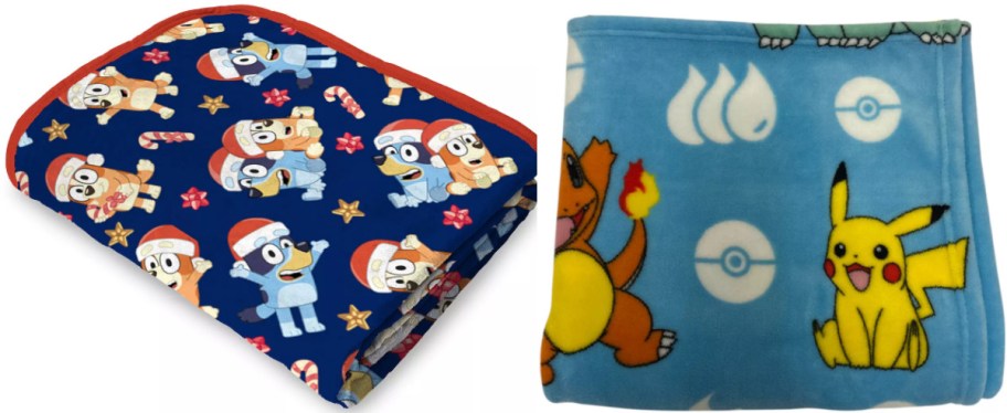 Two colorful children's blankets: one with cartoon dogs wearing Santa hats on a navy background, the other featuring Pok&eacute;mon characters on a light blue background.
