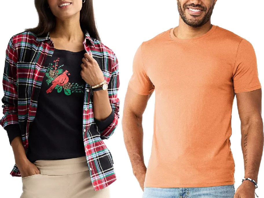 A woman in a red plaid shirt over a black T-shirt with a red bird design stands beside a man in an orange T-shirt.