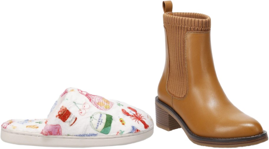 A cozy slipper with colorful patterns alongside a stylish brown ankle boot with a chunky heel.