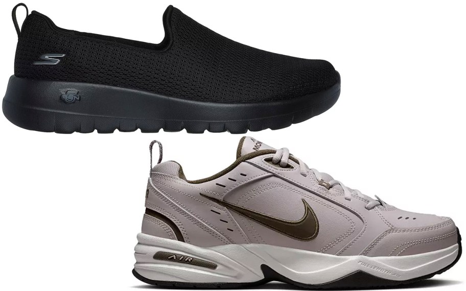 black and purple sketchers and nike shoes 