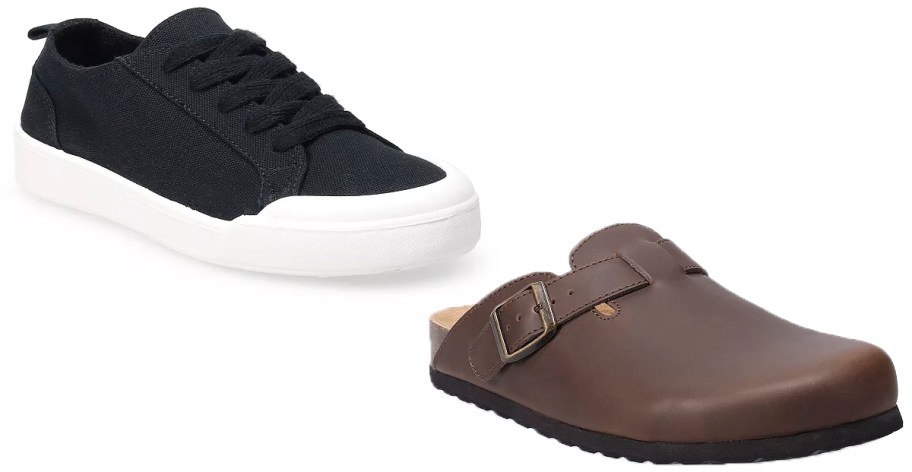 black shoes and brown clogs 