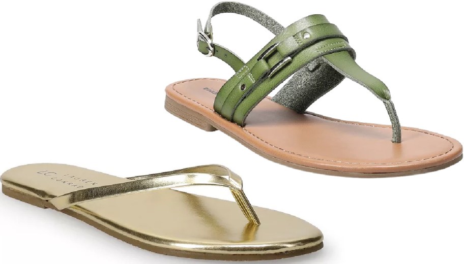 A pair of sandals; one is green with straps and a buckle. The other is gold, sleek, and minimalist.