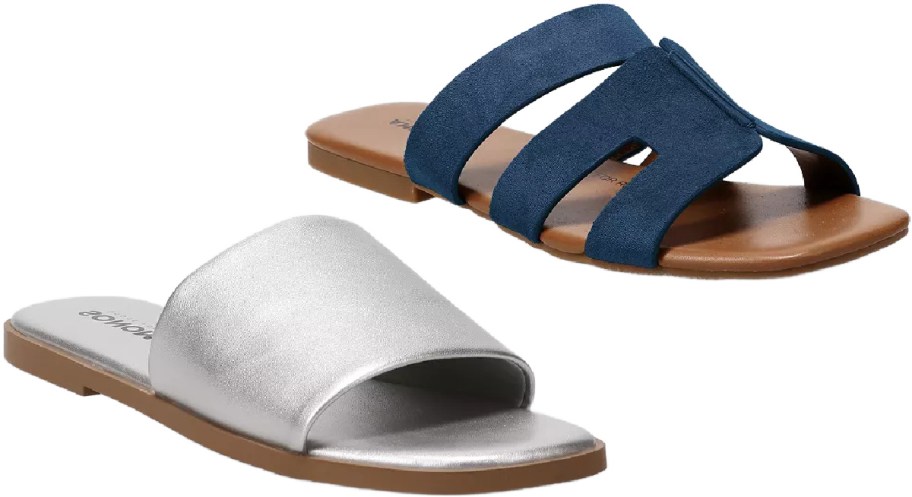 Two stylish sandals are featured: one is metallic silver with a simple slide design, and the other is navy blue with cutout straps. The background is white.