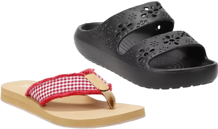 A black sandal with floral cutouts and a red gingham flip-flop with a beige sole.