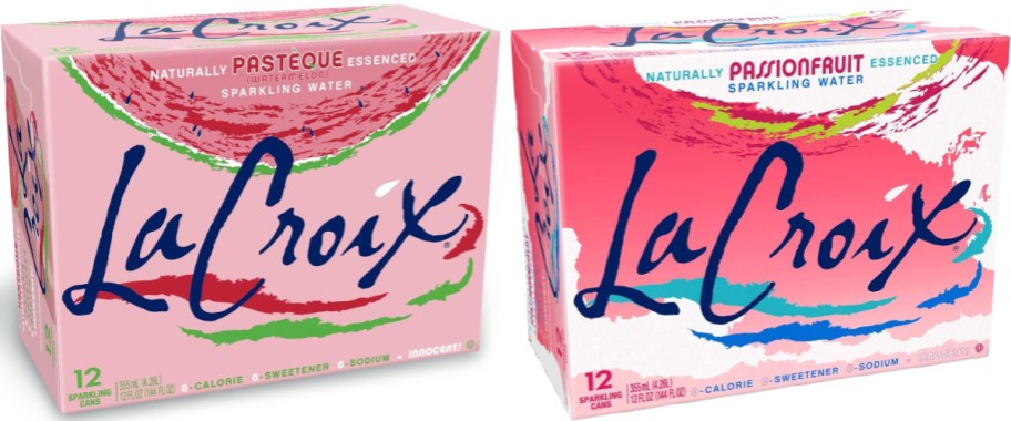 Two boxes of LaCroix sparkling water. Left: watermelon flavor in pink, green, and red; right: passionfruit flavor in pink, green, and blue. Each box contains 12 cans.