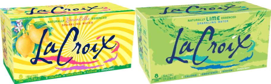 Two boxes of LaCroix sparkling water side by side. Left: LimonCello flavor, yellow background with lemons. Right: Lime flavor, green background with limes.