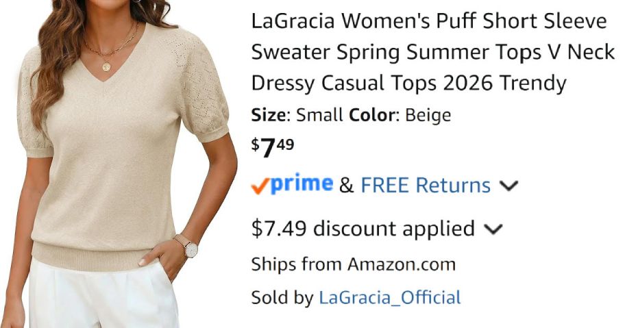 woman wearing beige short sleeve shirt next to Amazon pricing information