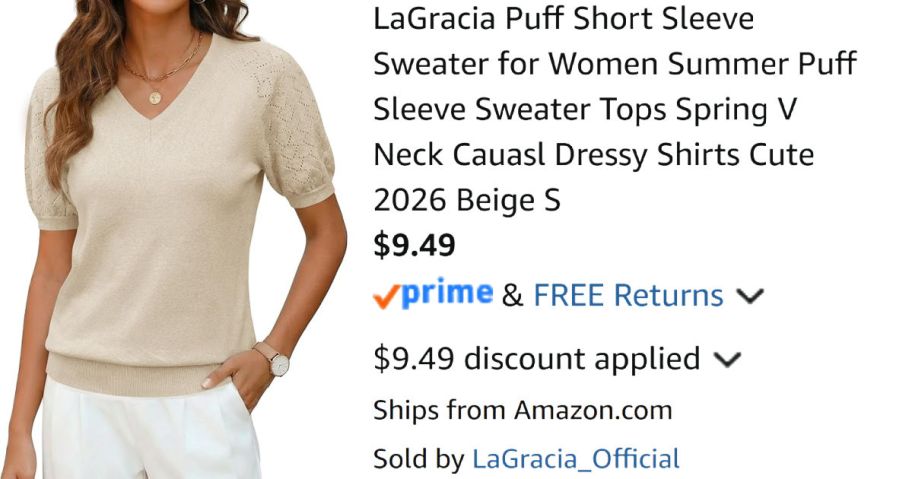 woman wearing beige sweater next to Amazon pricing information