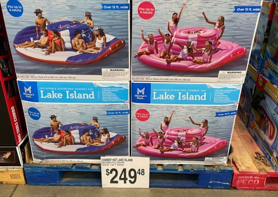 fun island inflatables stacked on a palette