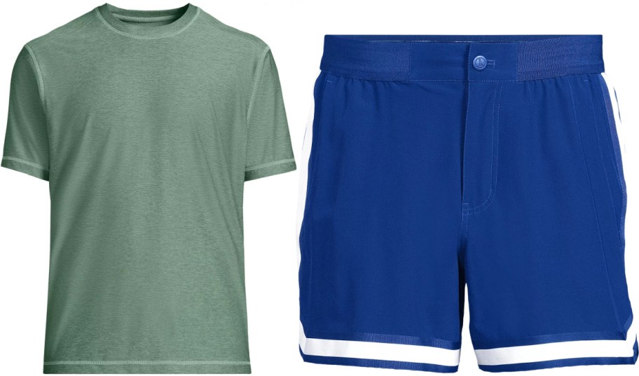 A green t-shirt beside a pair of blue shorts with white stripes.