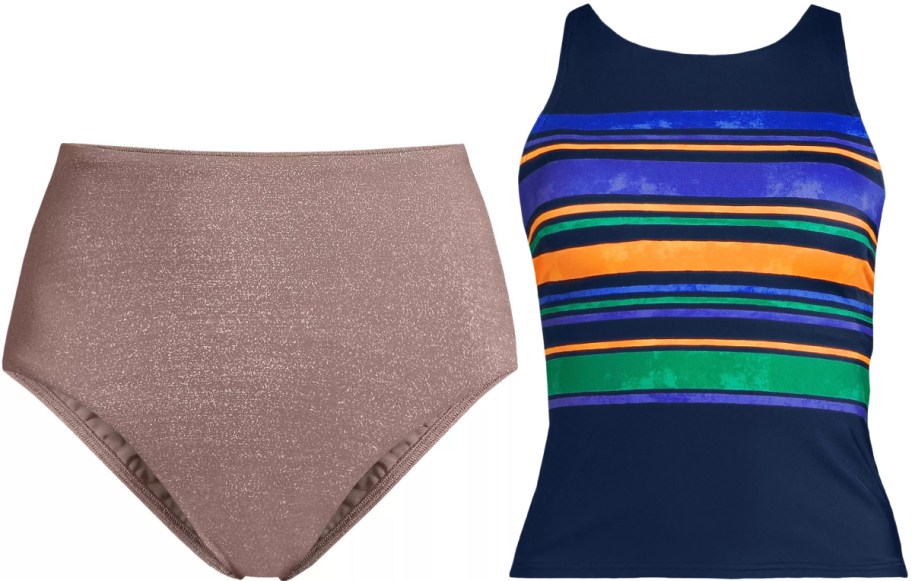 High-waisted bikini bottom in a sparkly bronze color and a tankini top with colorful horizontal stripes.