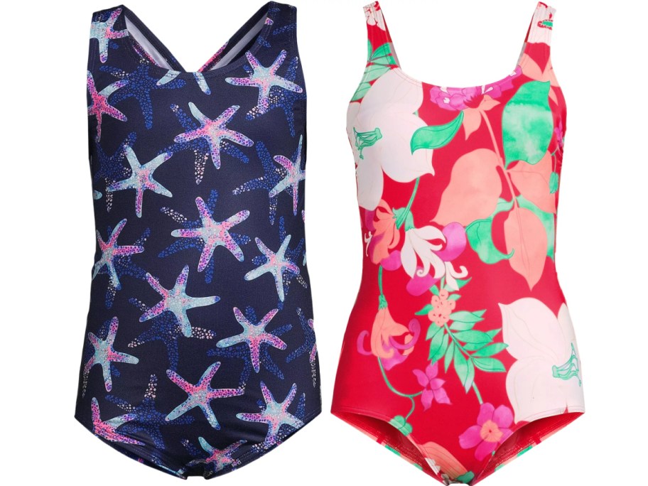 Two swimsuits side by side: one is navy blue with a starfish pattern, and the other is bright pink with a floral design.