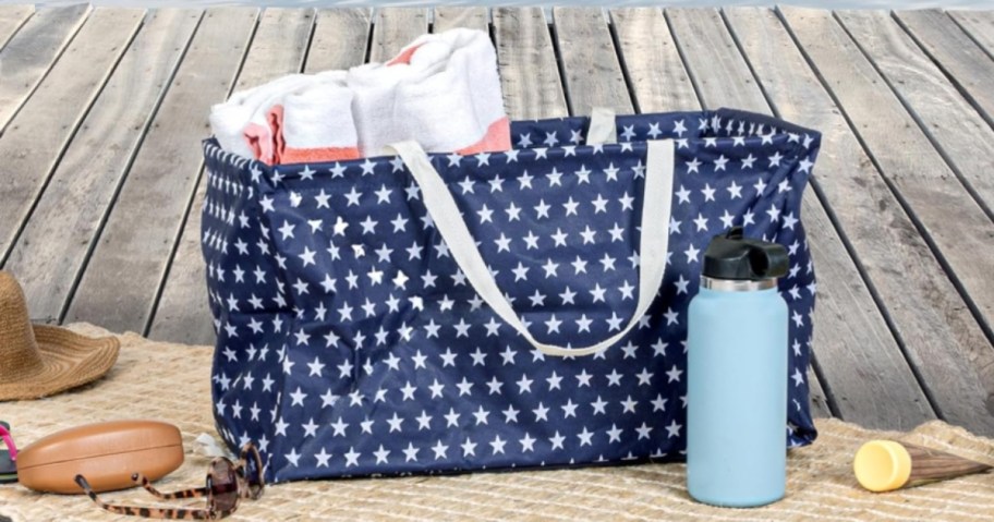 blue canvas tote with white stars