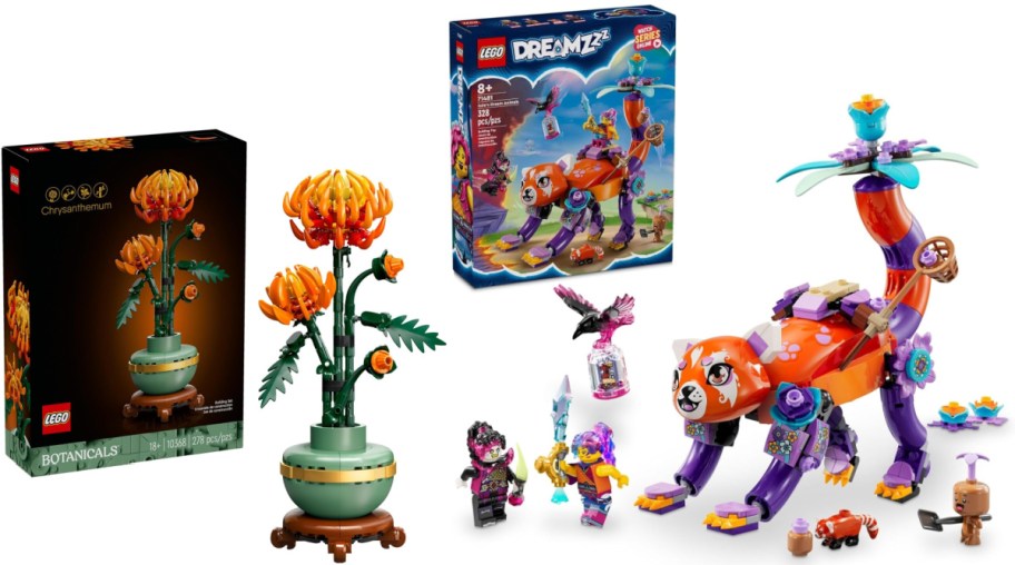 Lego sets featuring a vibrant orange chrysanthemum in a pot and a colorful creature with purple and orange hues. Both sets are boxed.