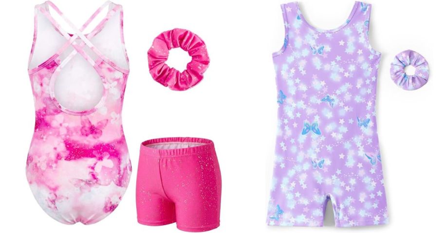pink leotard with shorts and scrunchy next to a shorts purple leotard with scrunchy