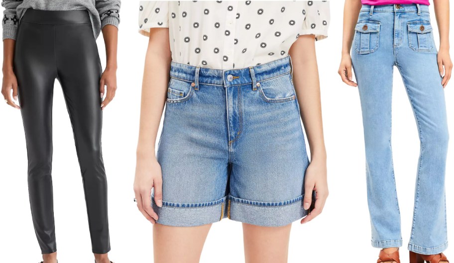 Three outfits are displayed: black leather pants with a gray top, blue denim shorts with a patterned blouse, and light blue jeans with a pink top.