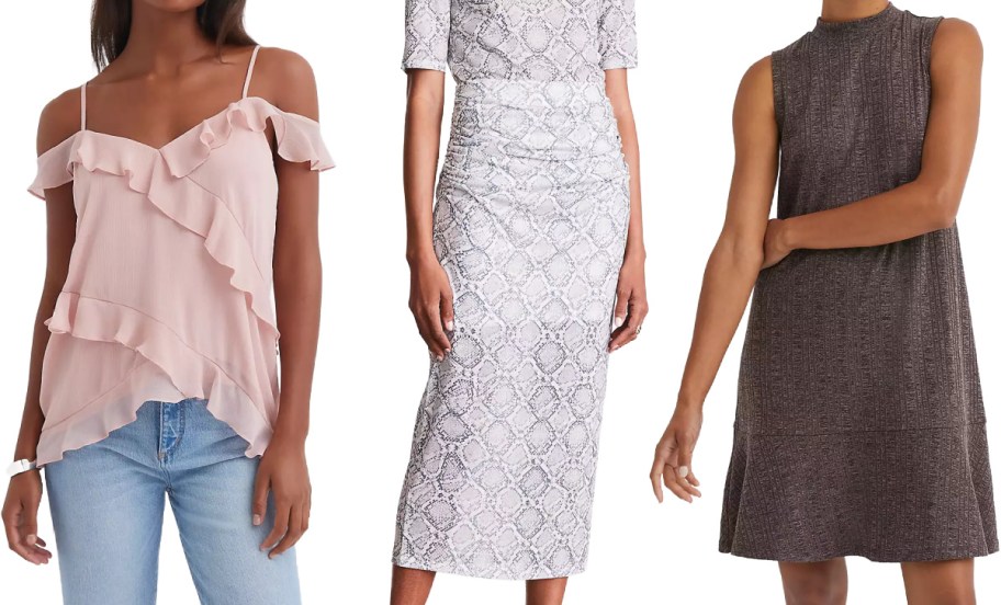 Three fashionable outfits: A pink ruffled top with jeans, a snake-print skirt, and a sleeveless brown textured dress.