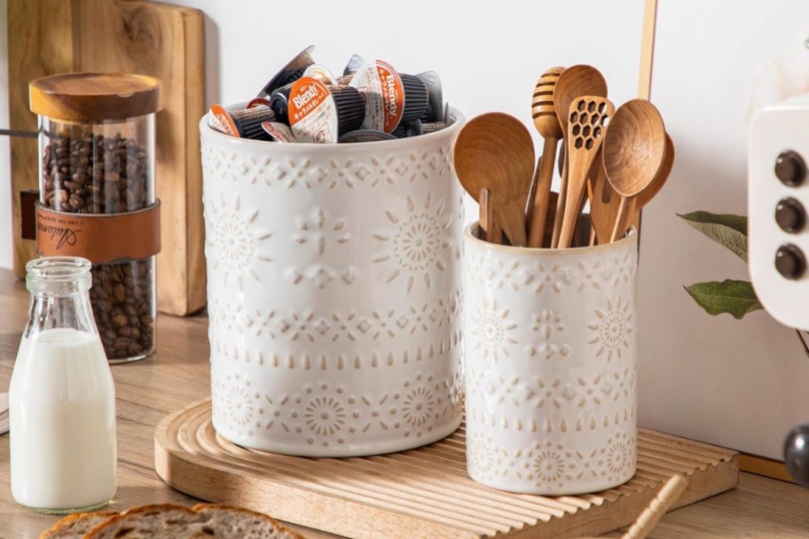 ceramic utensil holders on counter